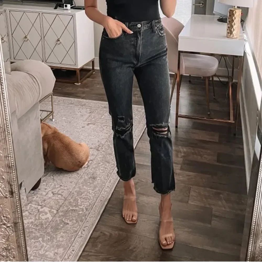 Abercrombie & Fitch Ankle Straight Ultra High Rise – Black Distressed, Sz 27